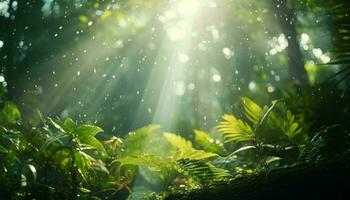 luz de sol filtración mediante el lozano verde pabellón de un bosque ai generado foto