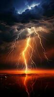 A dramatic lightning bolt striking through a cloudy sky AI Generated photo