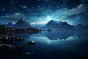 un sereno noche paisaje con majestuoso montañas y un tranquilo cuerpo de agua ai generado foto