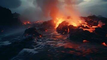 A mesmerizing lava flow illuminating the dark ocean waters at night AI Generated photo