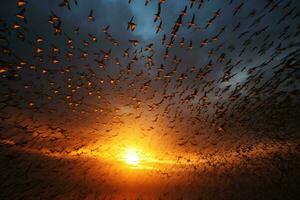 A colorful sunset with a majestic flock of birds in flight AI Generated photo