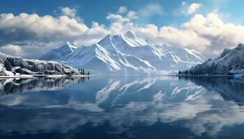 Snow covered mountains reflected in water AI Generated photo