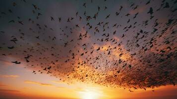 A mesmerizing sunset with a flock of birds gracefully soaring through the colorful sky AI Generated photo