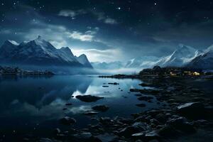 A serene mountain lake under the stars AI Generated photo