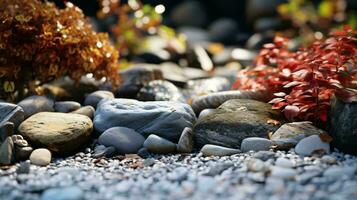 A serene garden landscape showcasing a harmonious blend of rocks and plants AI Generated photo