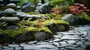 un sereno rock jardín cubierto en lozano verde musgo ai generado foto