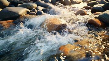 A scenic river with flowing water cascading over rocks AI Generated photo