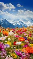 un vistoso campo de flores con majestuoso montañas como el fondo ai generado foto