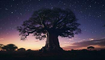 un majestuoso árbol en pie en el centrar de un vasto abierto campo ai generado foto