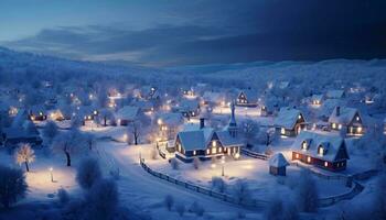 un pintoresco Nevado pueblo iluminado a noche ai generado foto