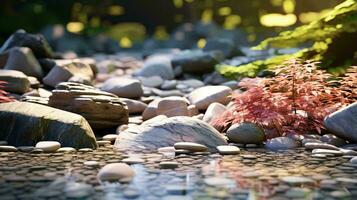 A serene stream flowing through a lush natural landscape AI Generated photo