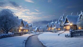 A picturesque snow-covered village with a charming path leading towards it AI Generated photo