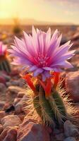 A vibrant pink flower blooming on a lush green cactus AI Generated photo