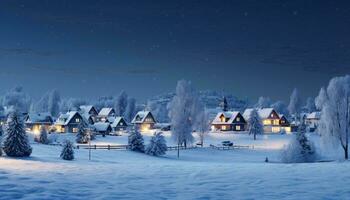 un invierno mundo maravilloso con Nevado casas y arboles ai generado foto