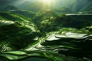 A breathtaking aerial view of lush green rice terraces nestled in the majestic mountains AI Generated photo