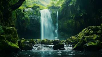 A majestic waterfall surrounded by vibrant greenery in a lush forest AI Generated photo