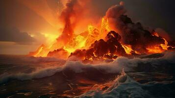 Lava erupting from the ocean, creating a mesmerizing display of natural power and beauty AI Generated photo