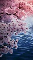 A beautiful cherry blossom tree reflected in serene waters AI Generated photo