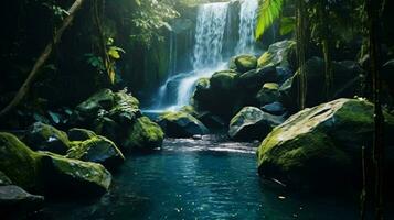 A breathtaking waterfall surrounded by a vibrant green forest AI Generated photo