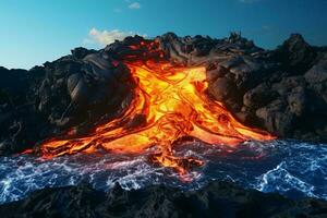 A majestic volcano with fiery lava flowing on its summit AI Generated photo