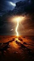 A powerful lightning bolt illuminating a vast desert landscape AI Generated photo