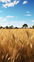 A beautiful wheat field with majestic trees in the background AI Generated photo