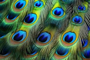 A vibrant close-up of a peacock's iridescent feathers AI Generated photo