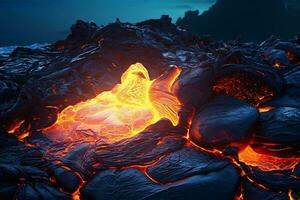 un ardiente erupción de fundido lava y rocas ai generado foto