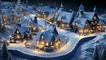 A festive Christmas village illuminated with colorful lights AI Generated photo