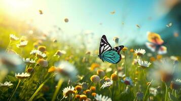 A butterfly in flight above a vibrant field of daisies AI Generated photo