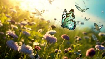 A vibrant field of flowers with butterflies gracefully dancing in the sky AI Generated photo