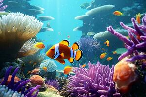 Clown fish swimming among vibrant coral reef in the underwater world AI Generated photo