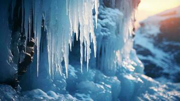 Icicles hanging from the side of a majestic mountain AI Generated photo