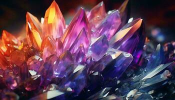 un vibrante colección de vistoso cristales desplegado en un mesa ai generado foto