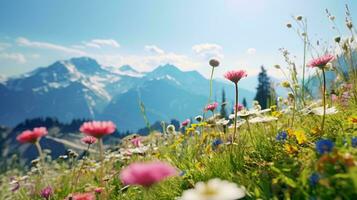 A colorful field of wildflowers with majestic mountains in the backdrop AI Generated photo