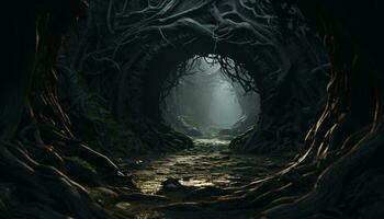 A mesmerizing tunnel in the enchanting woods, leading towards a radiant light AI Generated photo