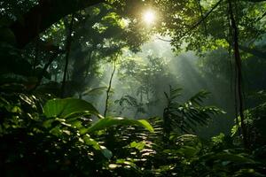 luz de sol transmisión mediante el denso selva follaje ai generado foto