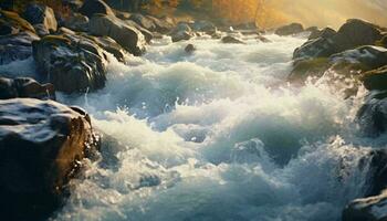 A serene stream flowing through a picturesque landscape of rocks and trees AI Generated photo