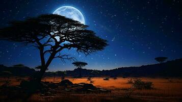 un majestuoso árbol debajo el encantador resplandor de un lleno Luna en un sereno campo ai generado foto