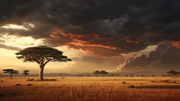 un sereno paisaje con un solitario árbol y hermosa nube formaciones ai generado foto