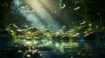 A peaceful stream with butterflies gracefully fluttering above AI Generated photo