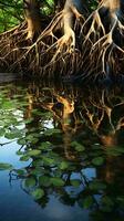 A serene forest scene with trees and their roots gracefully draping over the calm waters AI Generated photo