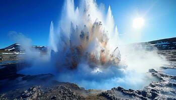 un poderoso géiser disparo agua alto dentro el cielo ai generado foto