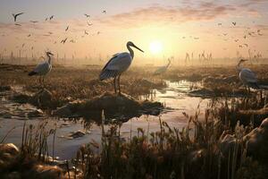 A flock of birds perched on a tranquil lake AI Generated photo