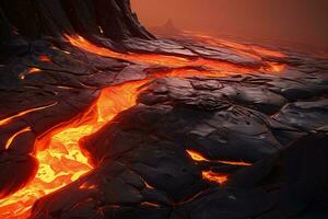 un lava fluir desde un activo volcán, creando un fascinante visión ai generado foto