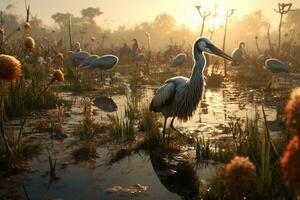 un rebaño de aves encaramado en un sereno lago ai generado foto