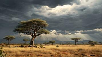 A lone tree in an expansive field under an ominous cloudy sky AI Generated photo