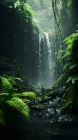 A serene waterfall surrounded by a vibrant green forest AI Generated photo