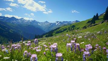 un vistoso campo de flores con majestuoso montañas en el antecedentes ai generado foto