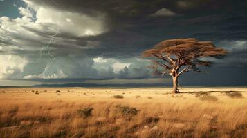 un solitario árbol en pie alto en un expansivo campo ai generado foto